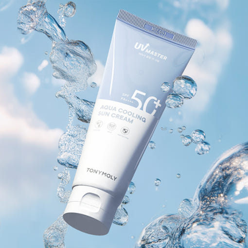 ProtoClinical k-beauty TONYMOLY UV Master Aqua Cooling Sun Cream SPF50+ PA++++ 150ml single sun cream packaging shown in a centered square packshot.
