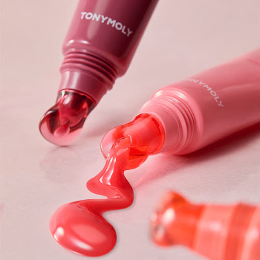 ProtoClinical k-beauty TONYMOLY Juicy Peptide Lip Jelly 10g (5 Colors) single upright lip jelly tube in a rosy pink tone on a peach background