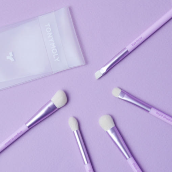 TONYMOLY Eye Make-Up Brush Set of 5pcs by ProtoClinical shown in a blue and lavender product graphic on a light background for a k-beauty makeup routine.