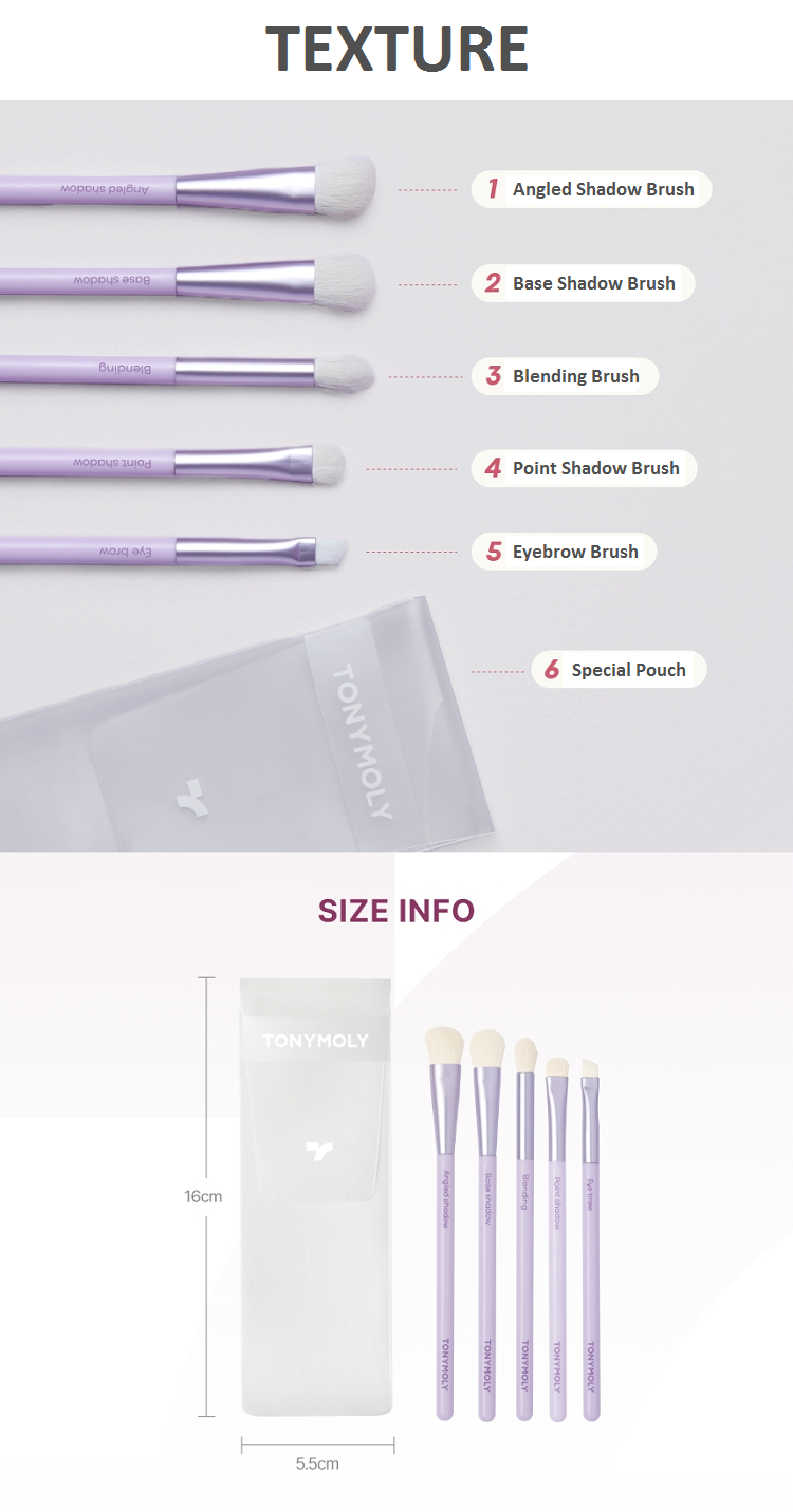 TONYMOLY Eye Make-Up Brush Set of 5pcs by ProtoClinical shown in a branded makeup brush set graphic on a light background for a k-beauty makeup routine.