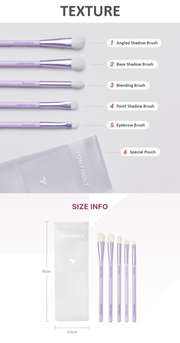 TONYMOLY Eye Make-Up Brush Set of 5pcs by ProtoClinical shown in a branded makeup brush set graphic on a light background for a k-beauty makeup routine.