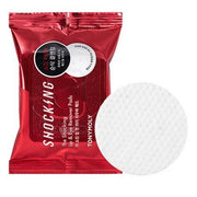 ProtoClinical k-beauty TONYMOLY The Shocking Lip & Eye Remover Pads 150g/30ea in a shiny pink rectangular pouch, front-facing on a clean white background with a circular white label accent
