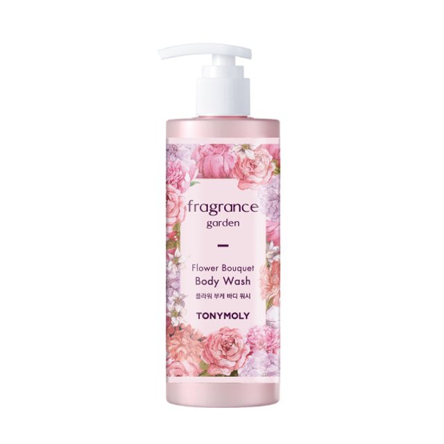 ProtoClinical k-beauty TONYMOLY Fragrance Garden Flower Bouquet Body Wash 300ml in a slim pink bottle standing upright on a white background with soft pastel side accents
