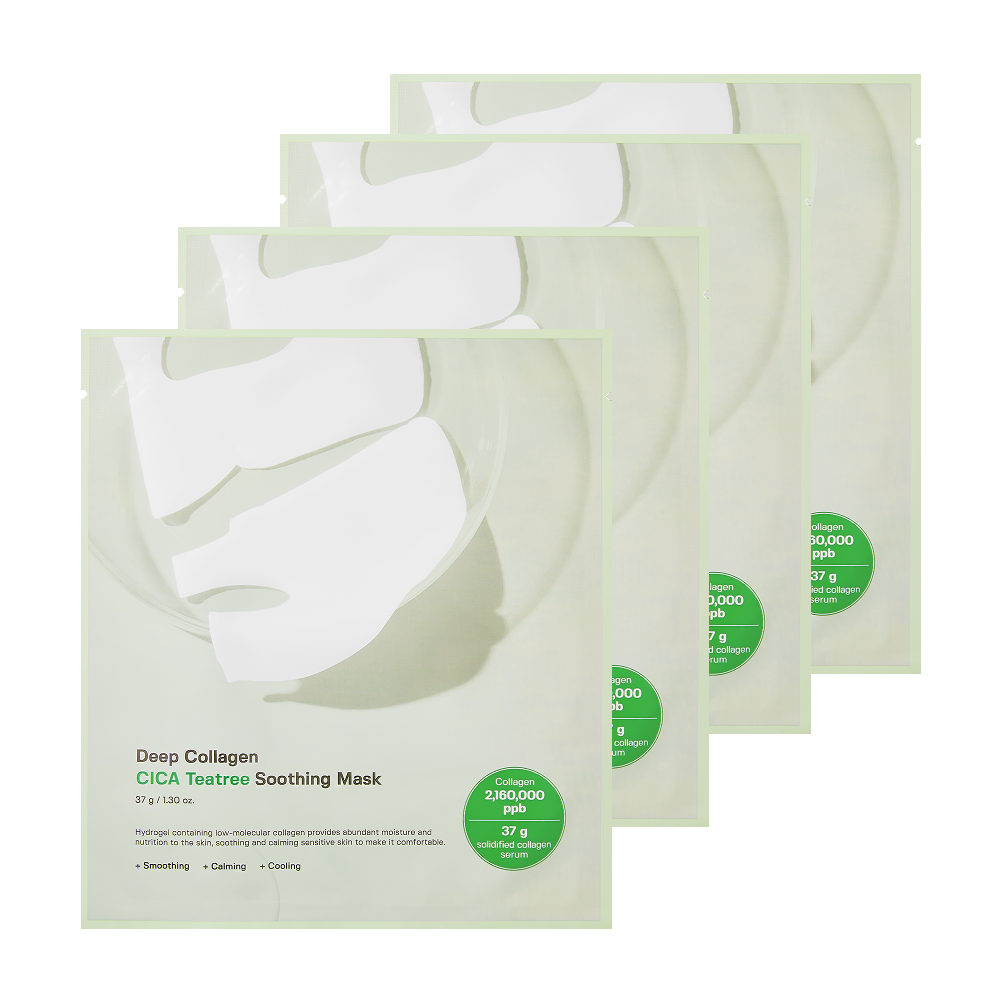 ProtoClinical k-beauty SUNGBOON EDITOR Deep Collagen Cica Tea Tree Soothing Mask 37g X 4ea single pale green sheet mask pouch centered on a light background