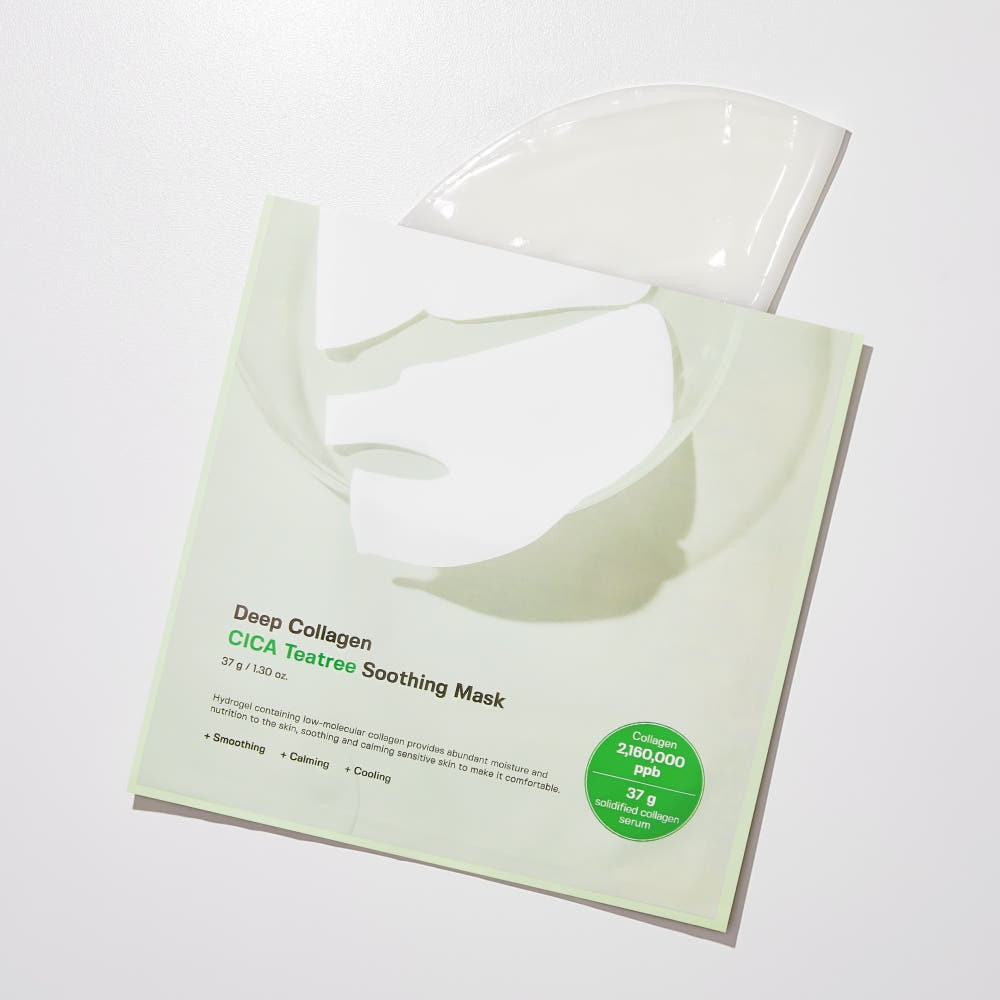 ProtoClinical k-beauty SUNGBOON EDITOR Deep Collagen Cica Tea Tree Soothing Mask 37g X 4ea single pale green sheet mask pouch centered on a light background
