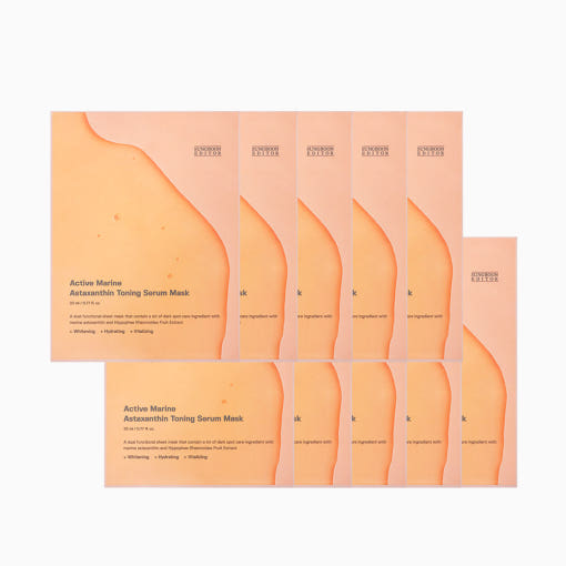 ProtoClinical k-beauty SUNGBOON EDITOR Active Marine Astaxanthin Toning Serum Mask 23ml X 10ea single orange sheet mask pouch centered on a pale cream background
