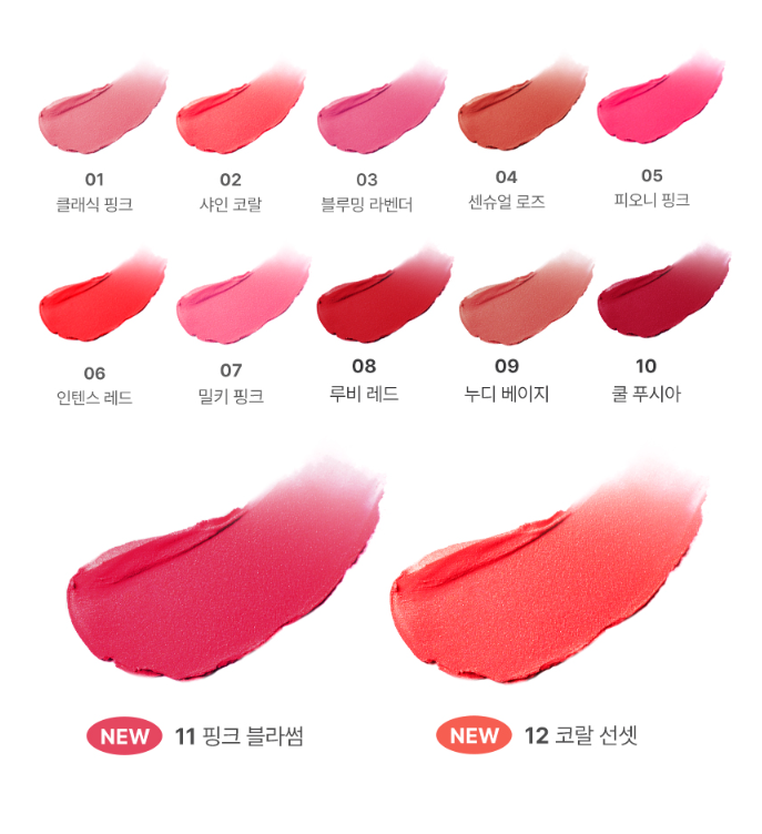 ProtoClinical k-beauty TONYMOLY Perfect Lips Rouge Intense 3.5g (12 Colors) tall pink shade guide with horizontal blush swatch bands and pale panels