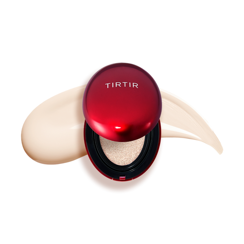 ProtoClinical k-beauty TIRTIR Mask Fit Red Cushion SPF40 PA++ 4.5g #MINI (45shades) square cushion graphic with warm beige and rose color blocks on a dark-accented background