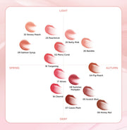 ProtoClinical k-beauty TIRTIR WATERISM Glow Tint 4g (15color) shade 05 Scotch Shot shown in a warm brown lip tint detail graphic with a slim tube, applicator, and color swatch panels