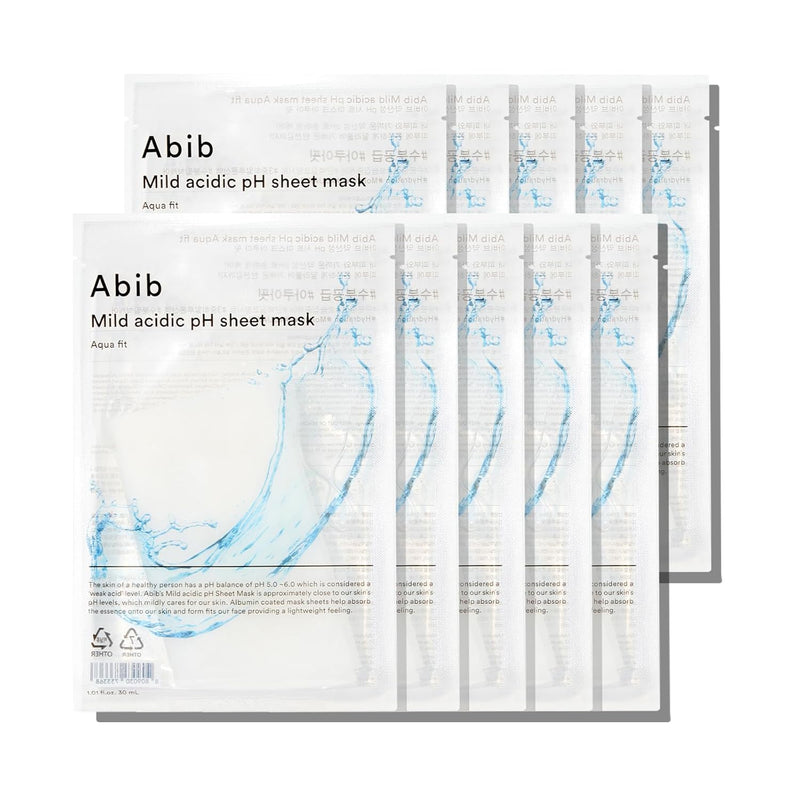 ProtoClinical k-beauty Abib Mild Acidic pH Sheet Mask Aqua Fit 30ml X 10ea single sheet mask packet in a square product packshot on a clean light background
