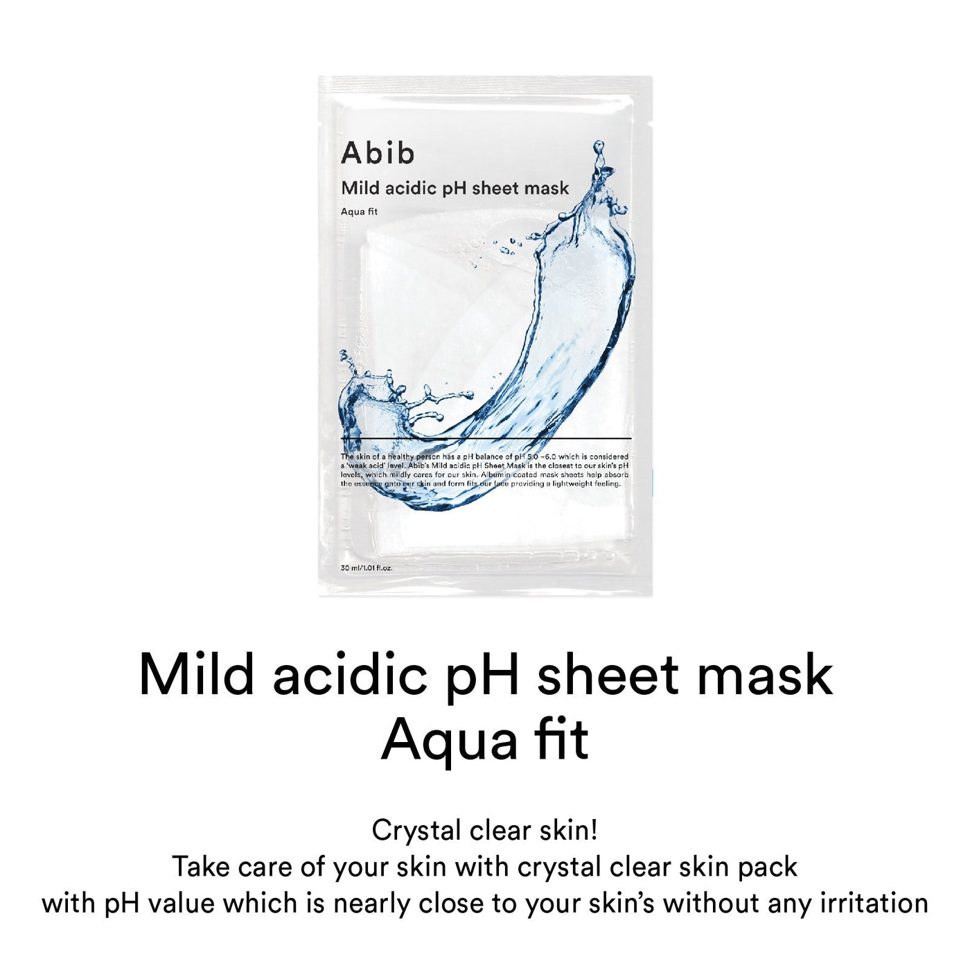 ProtoClinical k-beauty Abib Mild Acidic pH Sheet Mask Aqua Fit 30ml X 10ea upright pale blue sheet mask packet on a clean white background