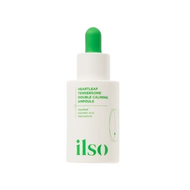 ProtoClinical k-beauty ilso Heartleaf Tendersome Double Calming Ampoule 30ml in a tall pale aqua bottle centered upright on a light background with soft pink side shading.