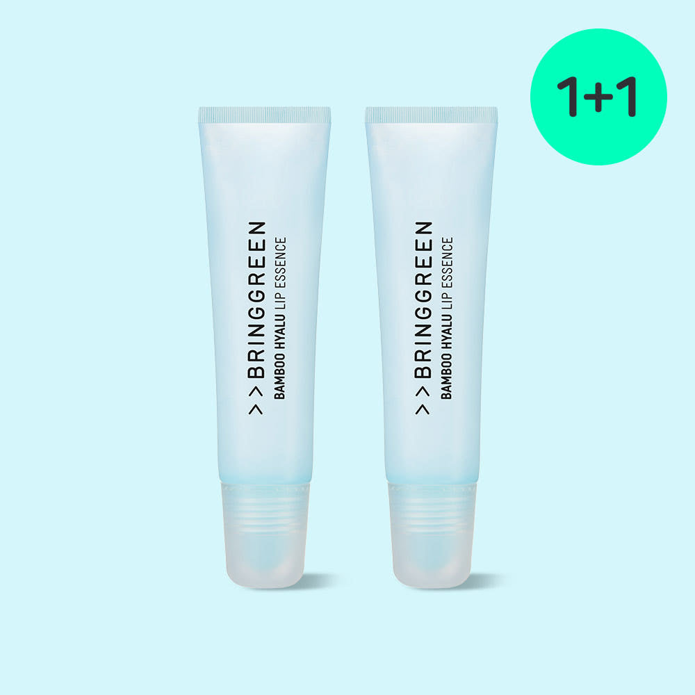 ProtoClinical k-beauty BRINGGREEN Bamboo Hyalu Lip Essence Double Pack (11g+11g) shown as two pale blue lip essence tubes with a green 1+1 circle on a light blue background