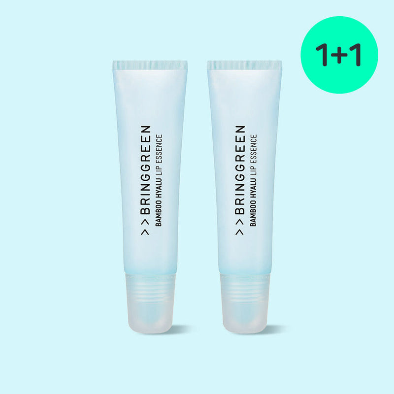 ProtoClinical k-beauty BRINGGREEN Bamboo Hyalu Lip Essence Double Pack (11g+11g) shown as two pale blue lip essence tubes with a green 1+1 circle on a light blue background