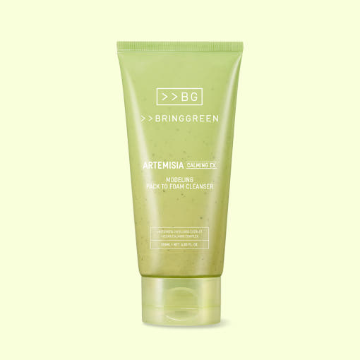 ProtoClinical k-beauty BRINGGREEN Artemisia Calming EX Modeling Pack to Foam Cleanser 120ml single upright olive-green cleanser package centered on a pale yellow background.