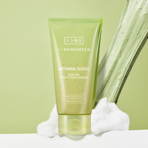 ProtoClinical k-beauty BRINGGREEN Artemisia Calming EX Modeling Pack to Foam Cleanser 120ml single upright olive-green cleanser package centered on a pale yellow background with a soft white lower edge.