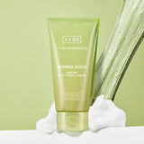 ProtoClinical k-beauty BRINGGREEN Artemisia Calming EX Modeling Pack to Foam Cleanser 120ml single upright olive-green cleanser package centered on a pale yellow background with a soft white lower edge.