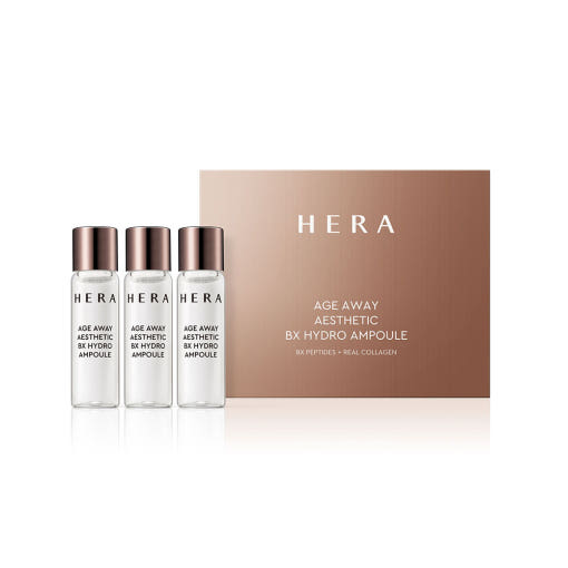 ProtoClinical k-beauty HERA AGE AWAY AESTETIC BX HYDRO AMPOULE 5ml X 12ea abstract product graphic with a soft pink horizontal form and pale gray vertical accents on a light background