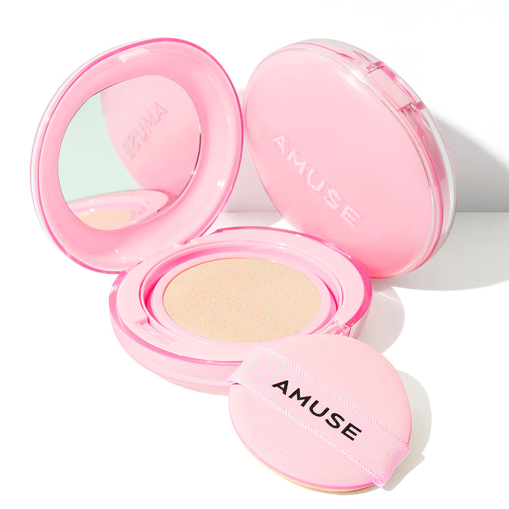 ProtoClinical k-beauty AMUSE Dew Power Vegan Cushion SPF 50+ PA++++ 15g (4 Colors) pink and beige product set on a light background