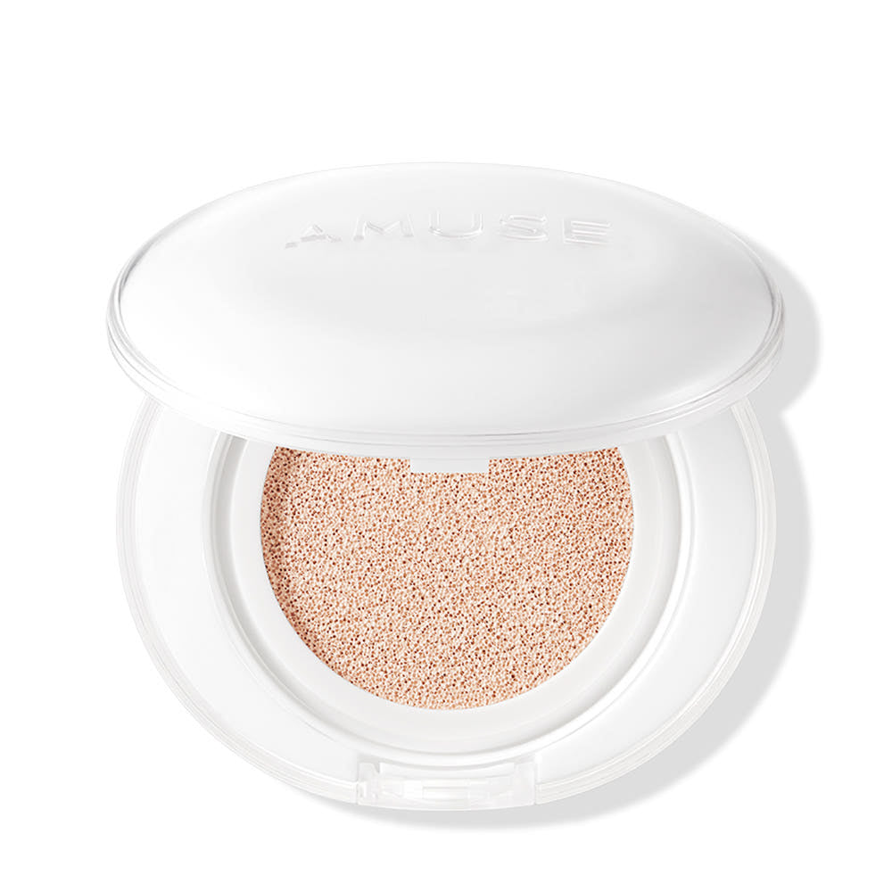 ProtoClinical k-beauty AMUSE Ceramic Skin Perfector Cushion SPF40 PA++ 15g (4 Colors) warm beige square packshot with pale blue side accents on a light background