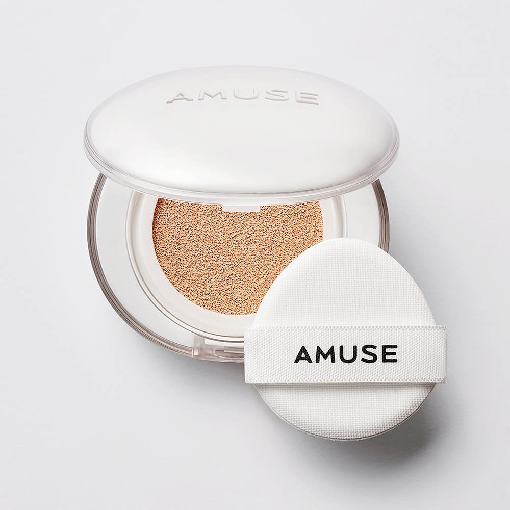 ProtoClinical k-beauty AMUSE Ceramic Skin Perfector Cushion SPF40 PA++ 15g (4 Colors) warm beige square packshot with soft blue side accents on a light background