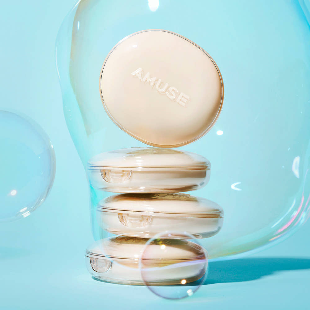 ProtoClinical k-beauty AMUSE Dew Jelly Master Cushion SPF38 PA+++ 15g + 15g(Refill) (4 Colors) teal graphic with a soft beige center on a light background