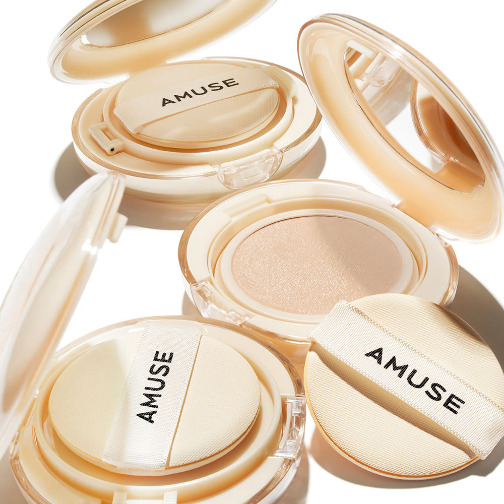 ProtoClinical k-beauty AMUSE Dew Jelly Master Cushion SPF38 PA+++ 15g + 15g(Refill) (4 Colors) warm brown and beige graphic with muted green accents on a light background