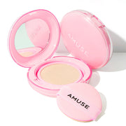 ProtoClinical k-beauty AMUSE Dew Power Vegan Cushion SPF 50+ PA++++ SET 15g + 15g(Refill) (4 Colors) coral packaging shown at an angle on a pale aqua and white background