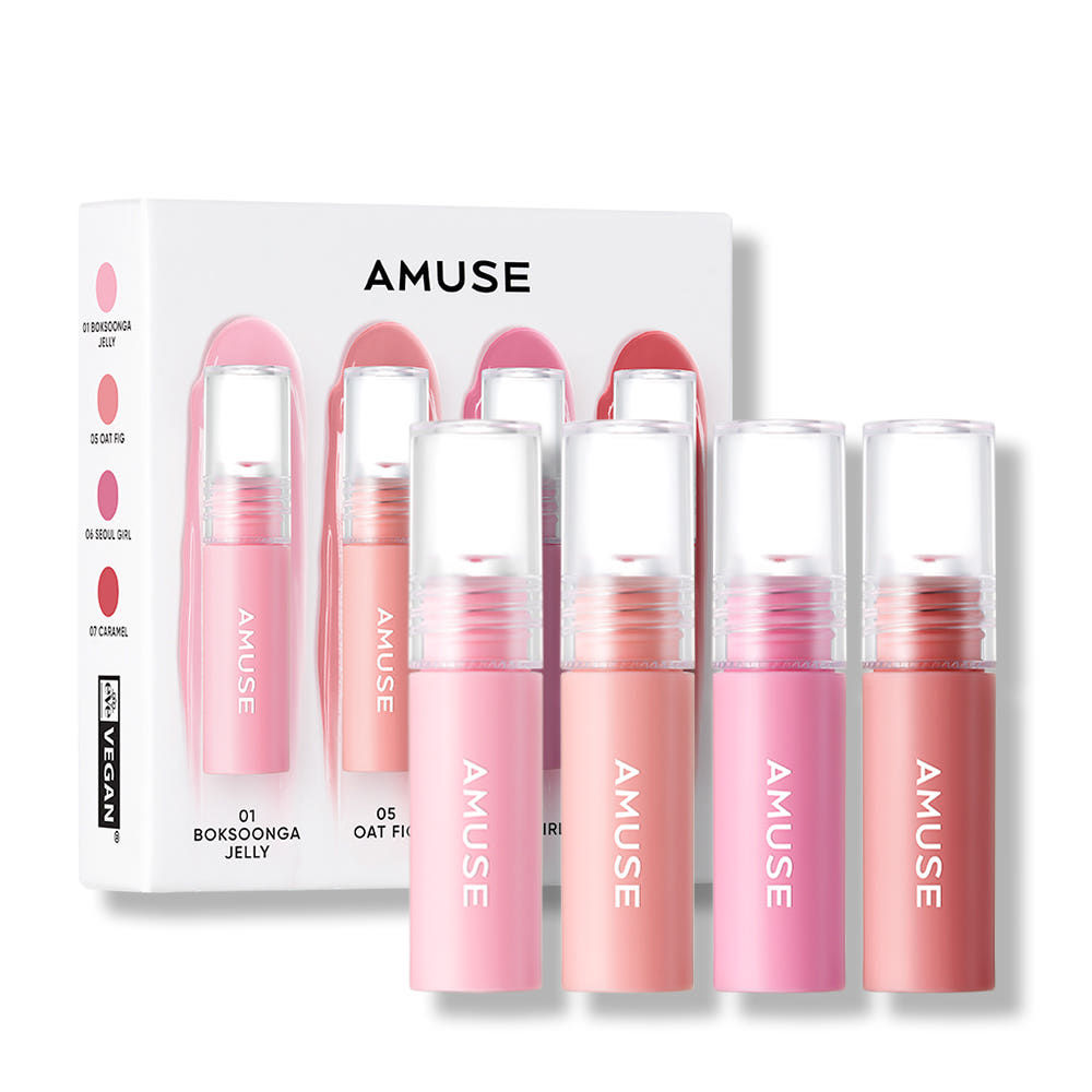 ProtoClinical k-beauty AMUSE Mini Gel Fit Tint Set 1.3g X 4ea paired neutral cosmetic products on a clean white background