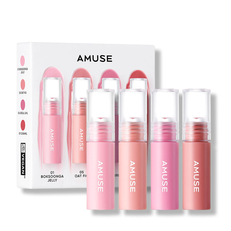 ProtoClinical k-beauty AMUSE Mini Gel Fit Tint Set 1.3g X 4ea paired neutral cosmetic products on a clean white background