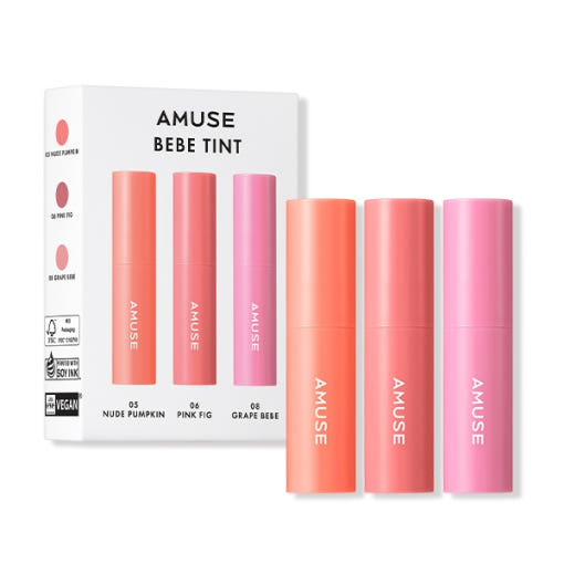 ProtoClinical k-beauty AMUSE Mini Bebe Tint SET 1.3g X 3ea coral cosmetic packaging on a clean white background