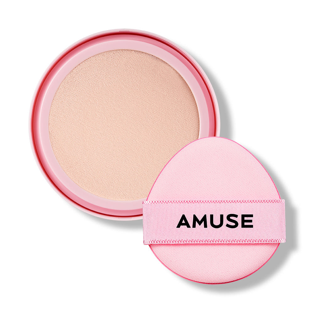 ProtoClinical k-beauty AMUSE Dew Power Vegan Cushion SPF 50+ PA++++ 15g [Refill] (4 Colors) refill cushion pan with a pink rim beside a round pink AMUSE puff on a clean white background