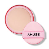 ProtoClinical k-beauty AMUSE Dew Power Vegan Cushion SPF 50+ PA++++ 15g [Refill] (4 Colors) refill cushion pan with a pink rim beside a round pink AMUSE puff on a clean white background