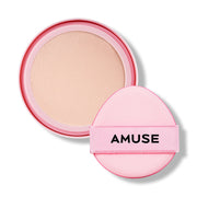 ProtoClinical k-beauty AMUSE Dew Power Vegan Cushion SPF 50+ PA++++ 15g [Refill] (4 Colors) refill cushion pan with a pink rim beside a round pink AMUSE puff on a clean white background