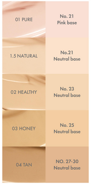 ProtoClinical k-beauty AMUSE Dew Power Vegan Cushion SPF 50+ PA++++ 15g [Refill] (4 Colors) shade chart with five labeled complexion shades in two columns on a pale peach background