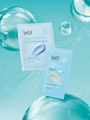ProtoClinical k-beauty belif Aqua Bomb Frozen Modeling Mask 55g tall modeling mask detail graphic with blue and pink tones
