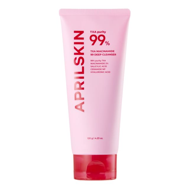 ProtoClinical k-beauty APRILSKIN TXA Niacinamide 99 Deep Cleanser 120ml single upright pink cleanser tube centered on a white background with pale blue side accents.
