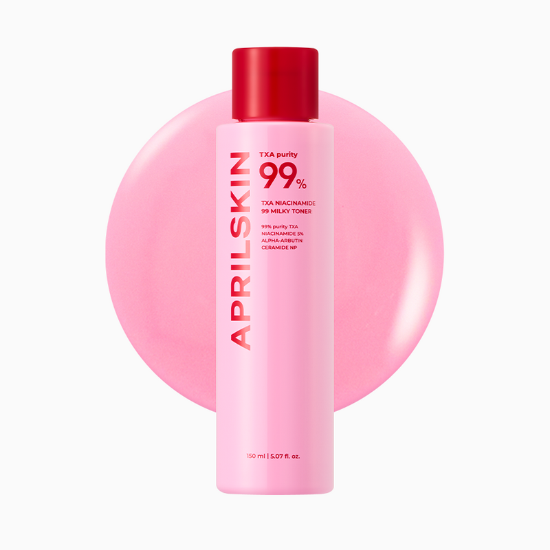 APRILSKIN TXA Niacinamide 99 Milky Toner 150ml by ProtoClinical shown in a skincare graphic with toner packaging on a clean background for a k-beauty routine.
