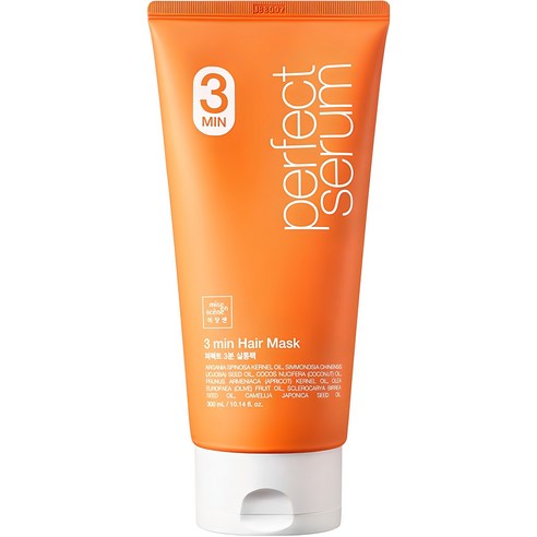 ProtoClinical k-beauty [mise en scene] Perfect 3 Minute Hair Mask 300ml single upright orange hair mask tube with pale aqua side shading on a light background