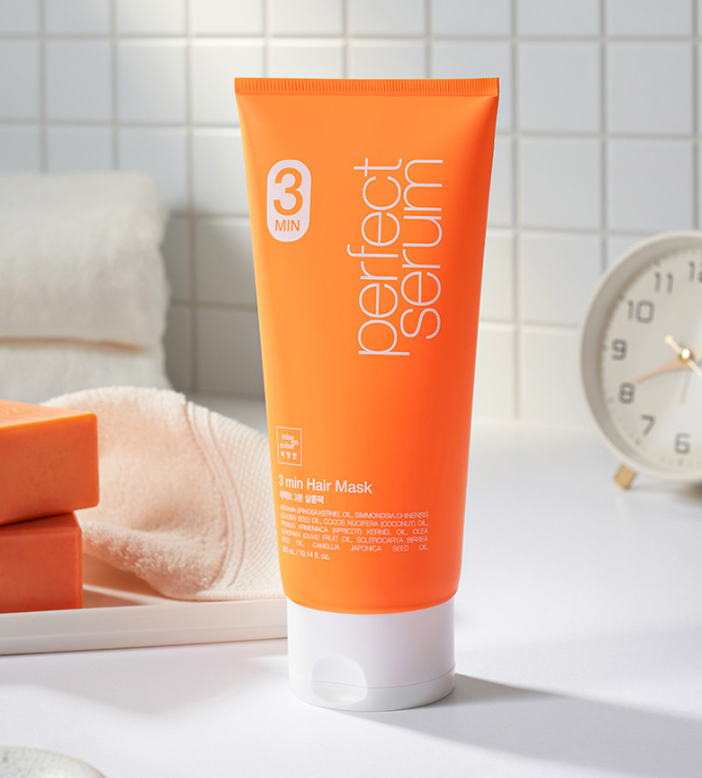 ProtoClinical k-beauty [mise en scene] Perfect 3 Minute Hair Mask 300ml single upright orange hair mask container with teal side shading on a light background