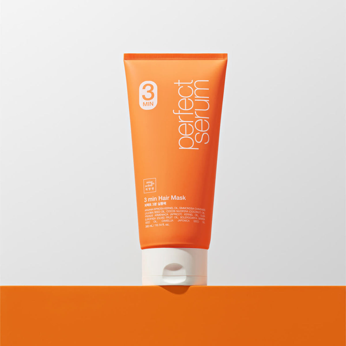 ProtoClinical k-beauty [mise en scene] Perfect 3 Minute Hair Mask 300ml single upright hair mask container with a tan center, pale blue side panels, and an orange lower band