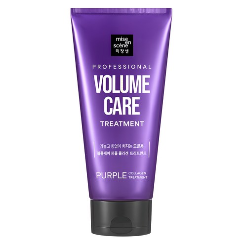 ProtoClinical k-beauty [mise en scene] Volume Care Purple Collagen Treatment 330ml single upright purple bottle centered on a light background with pale green side accents.