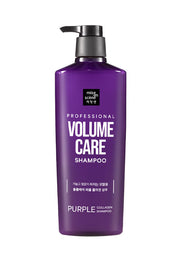 ProtoClinical k-beauty [mise en scene] Volume Care Purple Collagen Shampoo 680ml single upright shampoo bottle on a white background.