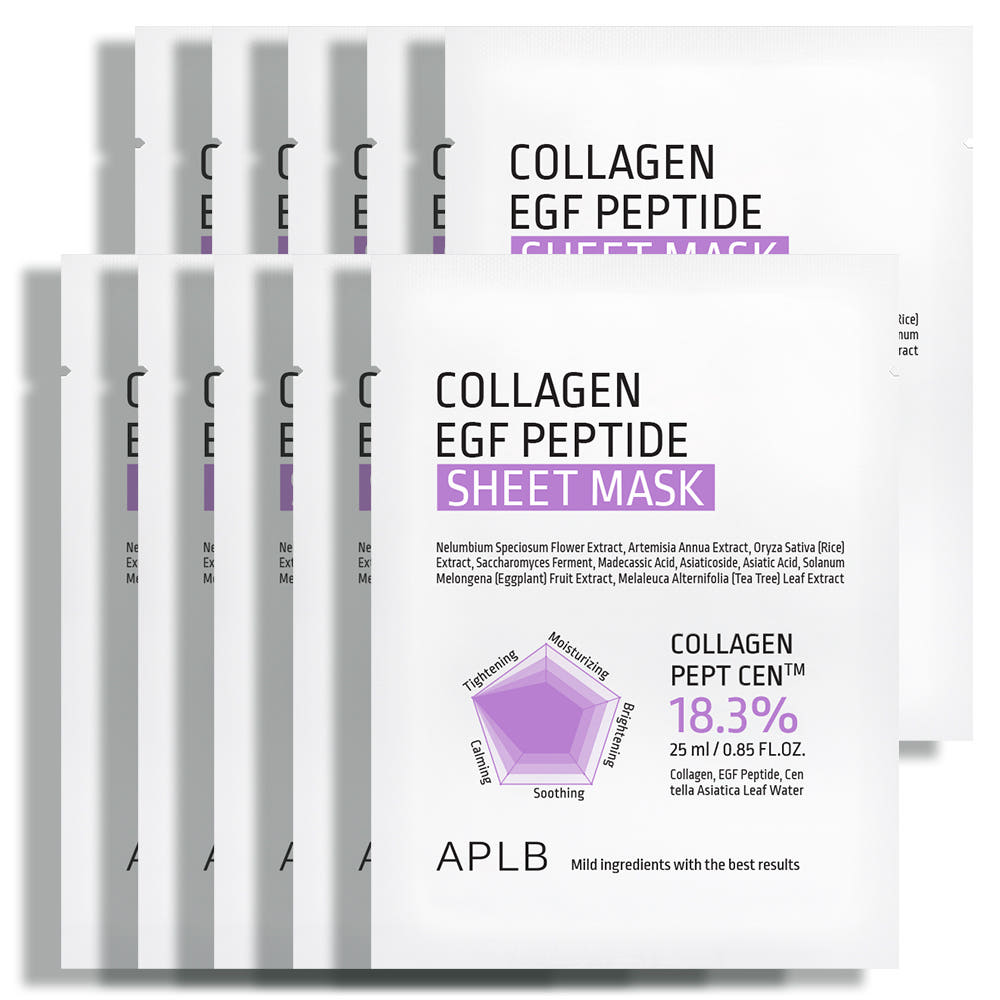 ProtoClinical k-beauty APLB Collagen EGF Peptide Sheet Mask 25ml X 10ea set of white sheet mask sachets fanned in the background with one front-facing pouch, purple text, and a lavender ingredient chart on a clean white backdrop