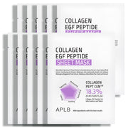 ProtoClinical k-beauty APLB Collagen EGF Peptide Sheet Mask 25ml X 10ea set of white sheet mask sachets fanned in the background with one front-facing pouch, purple text, and a lavender ingredient chart on a clean white backdrop