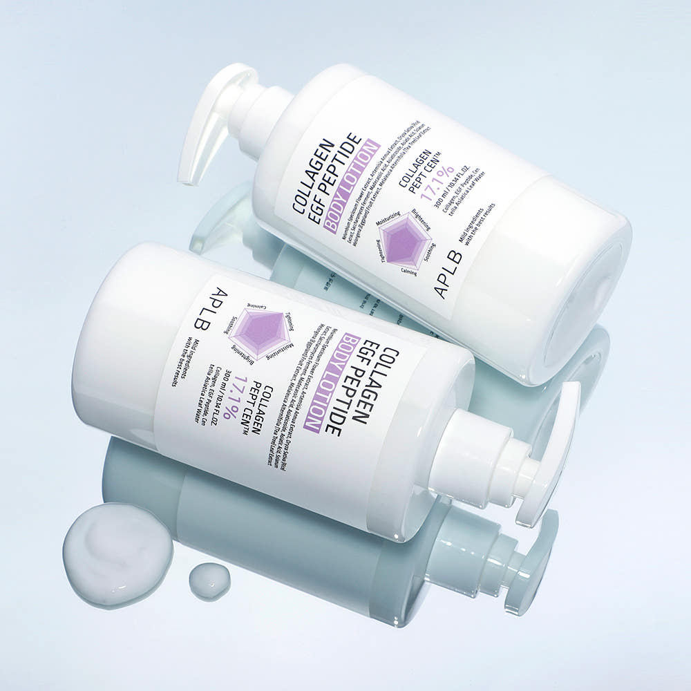 ProtoClinical k-beauty APLB Collagen EGF Peptide Body Lotion 300ml shown as two white pump bottles angled on a glossy pale blue surface with white lotion drops