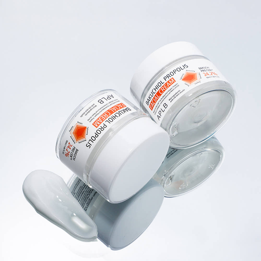 ProtoClinical k-beauty APLB Bakuchiol Propolis Facial Cream 55ml single upright cream package cropped near the left edge on a pale blue and white background