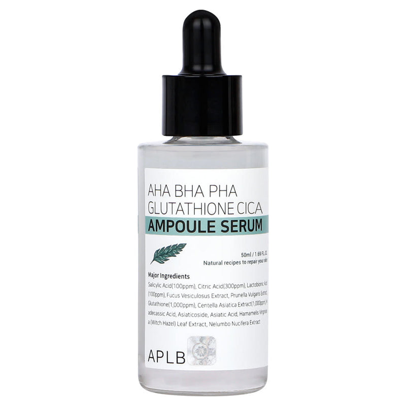 ProtoClinical k-beauty APLB AHA BHA PHA Glutathione Cica Ampoule Serum 50ml single upright dark serum bottle centered on a white background