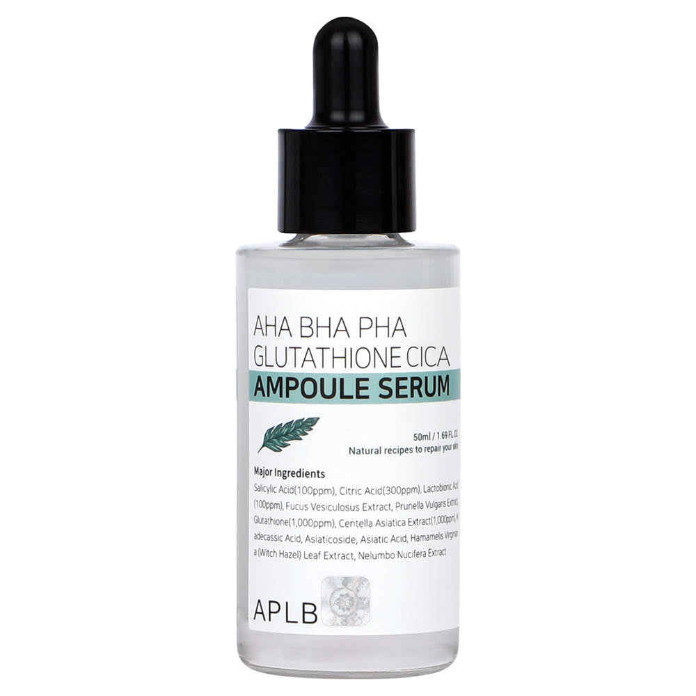 ProtoClinical k-beauty APLB AHA BHA PHA Glutathione Cica Ampoule Serum 50ml single upright dark serum bottle centered on a white background