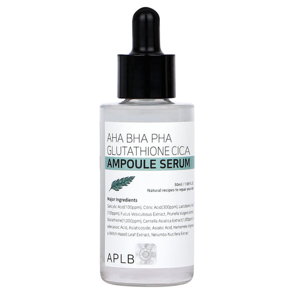 ProtoClinical k-beauty APLB AHA BHA PHA Glutathione Cica Ampoule Serum 50ml single upright dark serum bottle centered on a white background